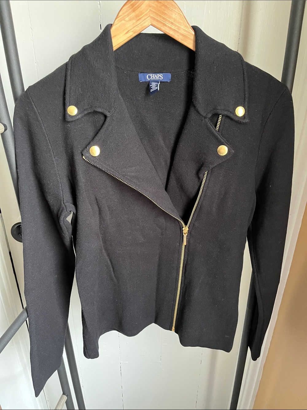 Chaps Black Sweater with Gold-Tone Snaps and Asymmetrical Zip